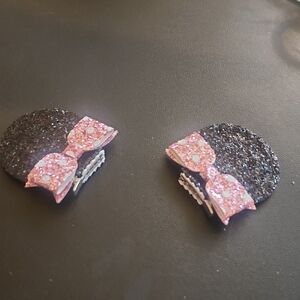 Glittery Pink and Black Minnie Ear Hair Clips NWOT